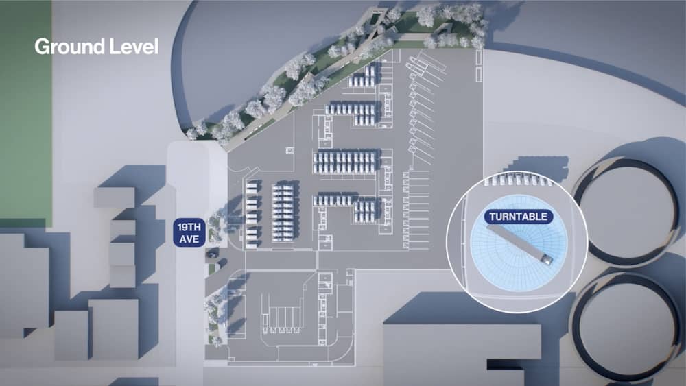 Civil engineering layout drawing for a flush-mounted heavy semi-truck turntable integration